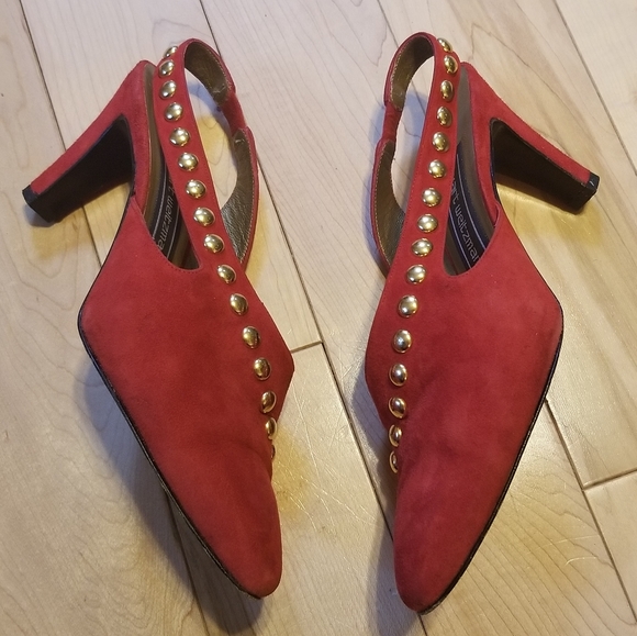 Stuart Weitzman vintage red suede heels w gold 6.5 - Picture 3 of 6
